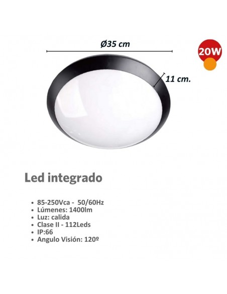 TORTUGA REDONDA LED INTEGRADO 20W NEGRO LUZ CALIDA 2700K
