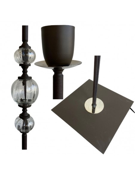 LAMPARA DE PIE CAÑO CUERO MARRON ESFERA VIDRIO SIN PANTALLA