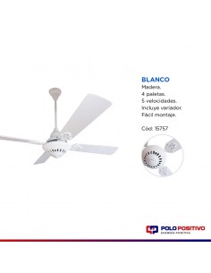 VENTILADOR TECHO MADERA 4 PAL 5 VELOC BLANCO 2