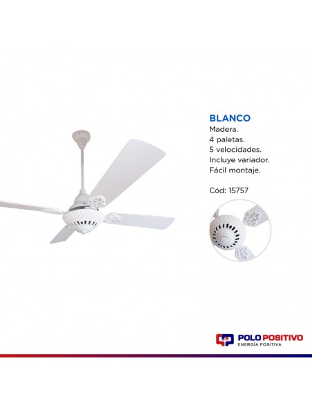 VENTILADOR TECHO MADERA 4 PAL 5 VELOC BLANCO