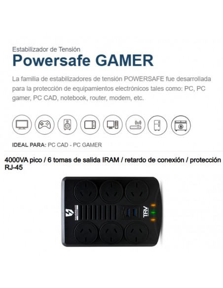 ESTABILIZADOR TRV POWERSAFE GAMER 2000VA 6T + 2 USB 1