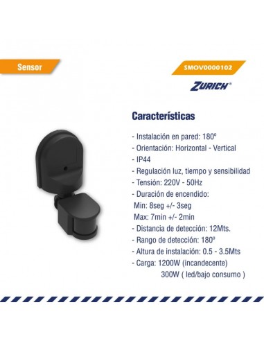 SENSOR DETECTOR MOV. PARED 180º NEGRO IP44