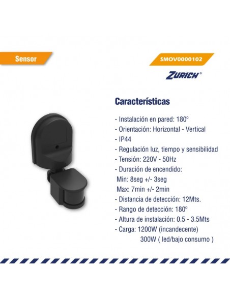 SENSOR DETECTOR MOV. PARED 180º NEGRO IP44