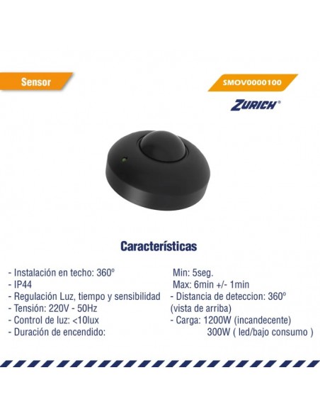 SENSOR DETECTOR MOVIMIENTO TECHO 360º  NEGRO