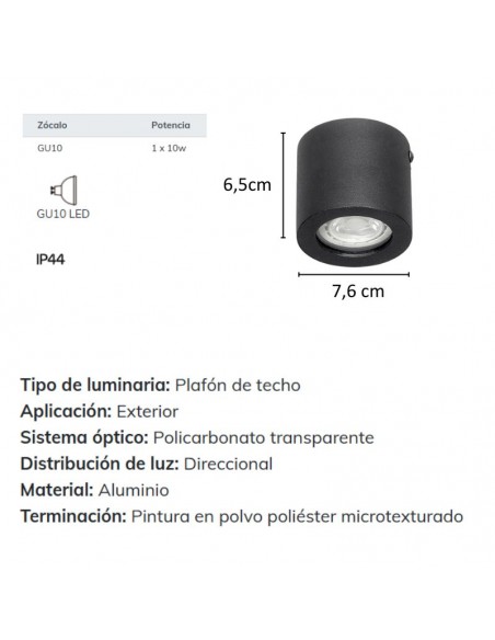 PLAFON TECHO ALUMINIO GU10 REDONDO NEGRO (225/P)