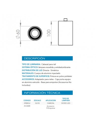 CABEZAL DICRO LUKKA 2900 GU10 BLANCO ALUMINIO...