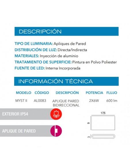 APLIQUE BIDIRECCIONAL MYST II LED 2X6W BLANCO 3000K ALIMINIO