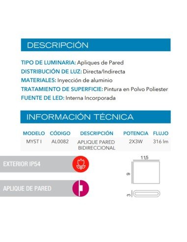 APLIQUE BIDIRECCIONAL MYST I LED 2X3W NEGRO...