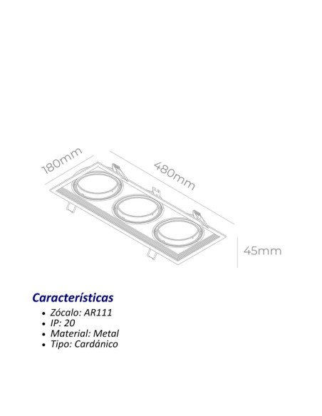 PLAFON EMBUTIR ECUA AR111 3 LUCES BLANCO CANDIL