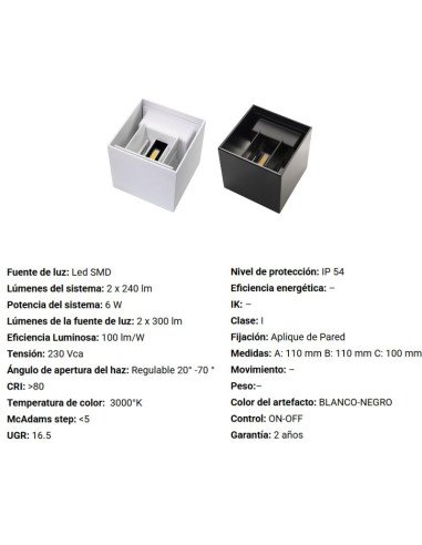 APLIQUE BID VK SYMUD PRO 2X3W 3000K BL HAZ REG...