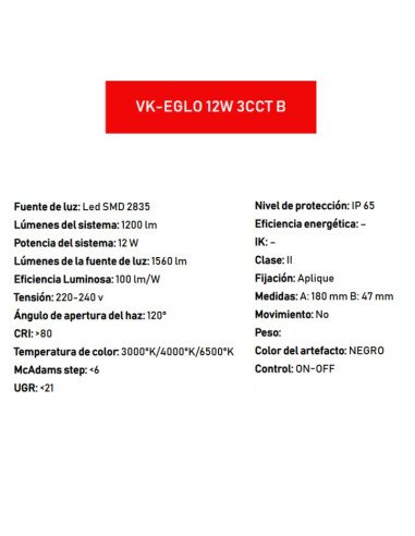 APLIQUE LED VK EGLO12W NG CAL/NEU/FRIO IP65 12CM