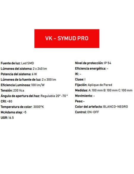APLIQUE BID VK SYMUD PRO 2X3W 3000K NG HAZ REG IP64