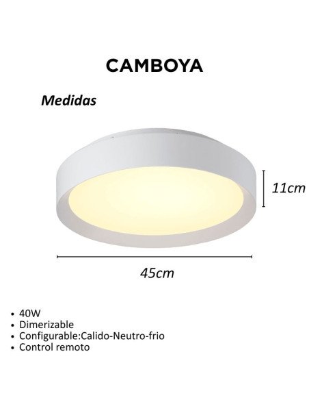 PLAFON REDONDO CAMBOYA 40W BLANCO CAL/NEU/FRIA 45CM DIMMER