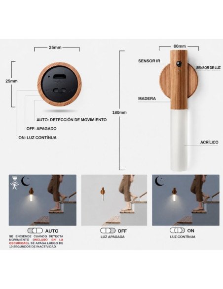 APLIQUE PARED MAGNETICO USB SENSOR MOV 6500K MADERA