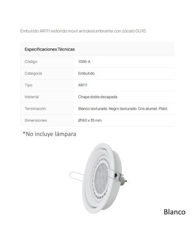 SPOT EMBUTIR AR111 MOVIL REDONDO ANTIDESLUMB...