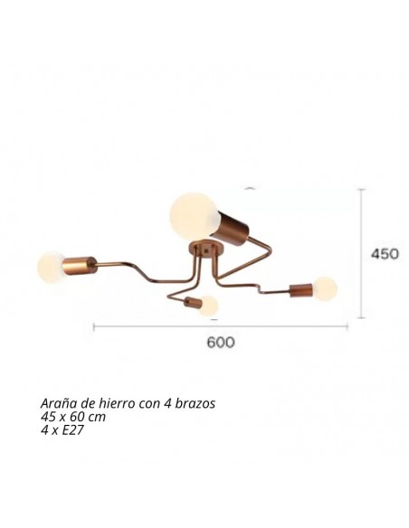 PLAFON ARAÑA VINTAGE ACERO 4 LUCES COBRE E27